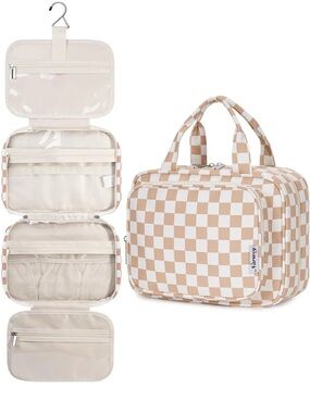Checkerboard Beige & White Travel Cosmetic Bag - Unbranded